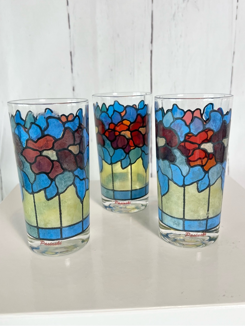 Vintage Pasinski highball glasses with a floral stained glass pattern set of 3